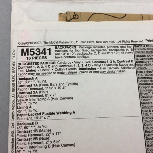McCalls 5341 Animal Mini Kids Backpacks Pattern Uncut Monkey Lion Dog Kitty Cat - Picture 9 of 15